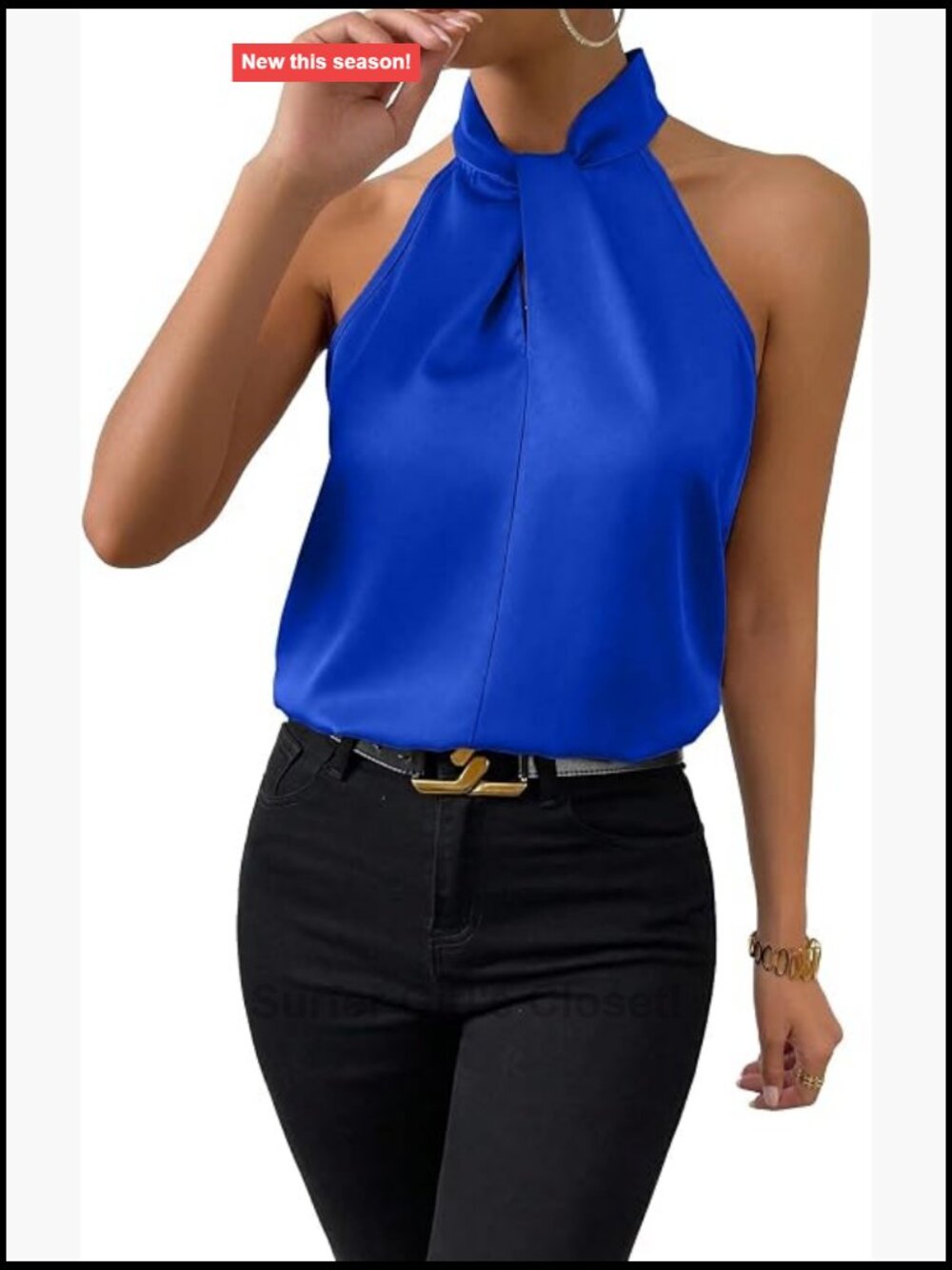 Elegant Satin Halter Tank Top Twist Front Keyhole Back Sleeveless Blouse